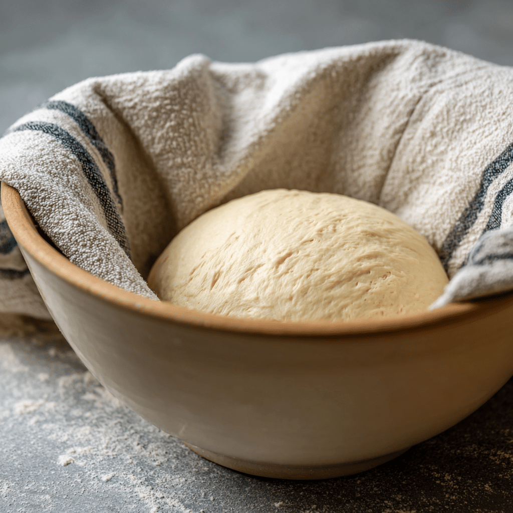 Dough rising in a greased bowl covered with a towel until doubled in size.