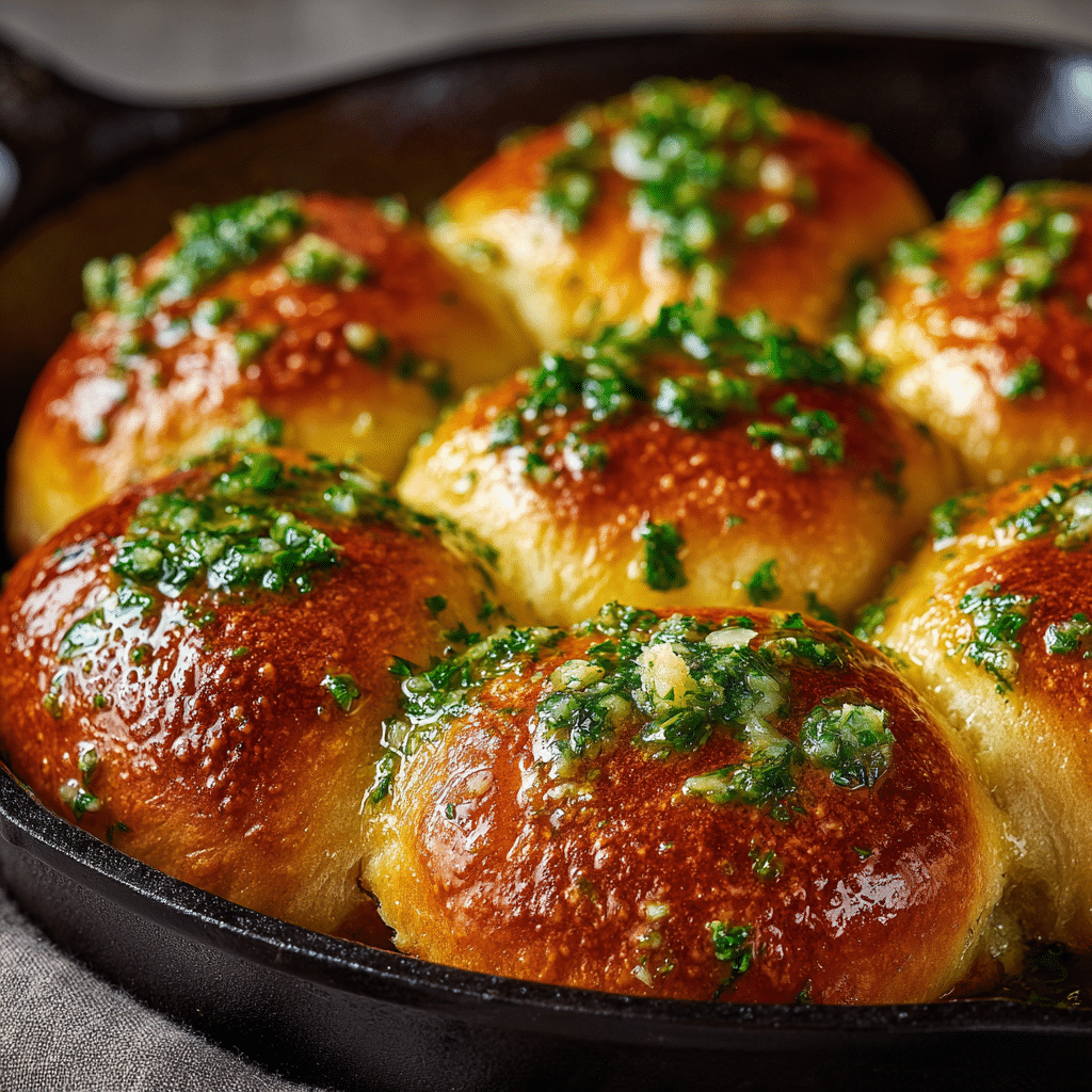 Close-up of golden skillet garlic butter dinner rolls brushed with parsley butter.