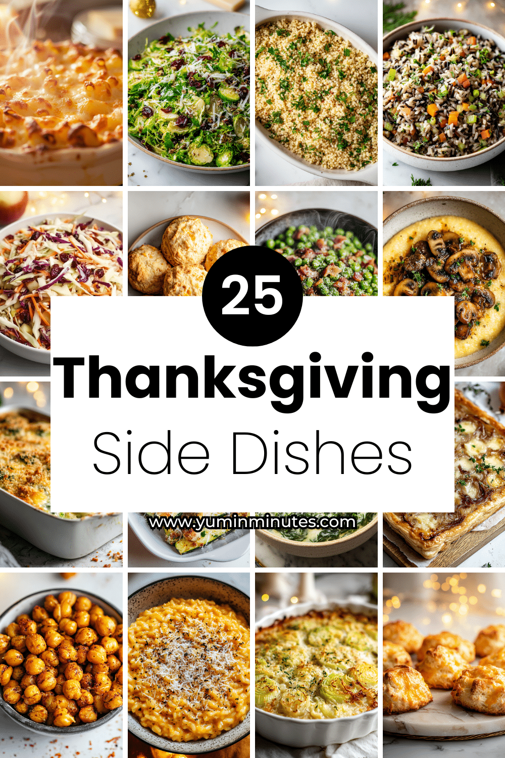 A festive Thanksgiving dinner table filled with classic and modern side dishes like mashed potatoes, green bean casserole, roasted vegetables, and warm bread rolls.