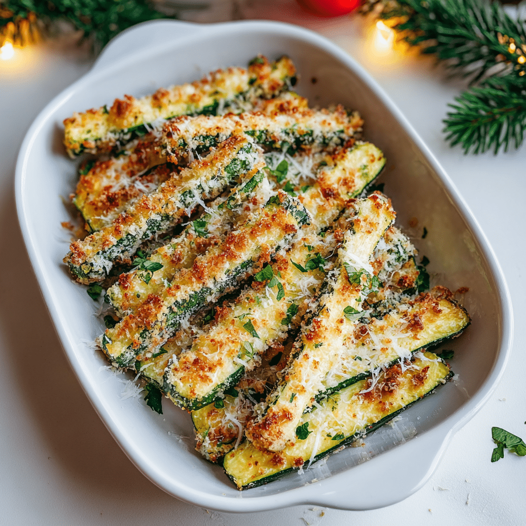 Baked zucchini sticks topped with crispy parmesan cheese