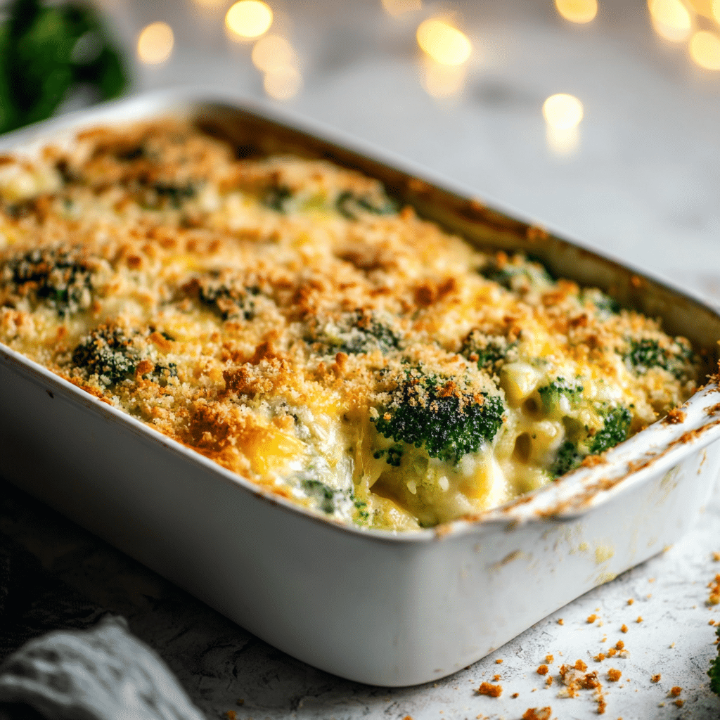 Bubbly broccoli cheese casserole with golden breadcrumbs