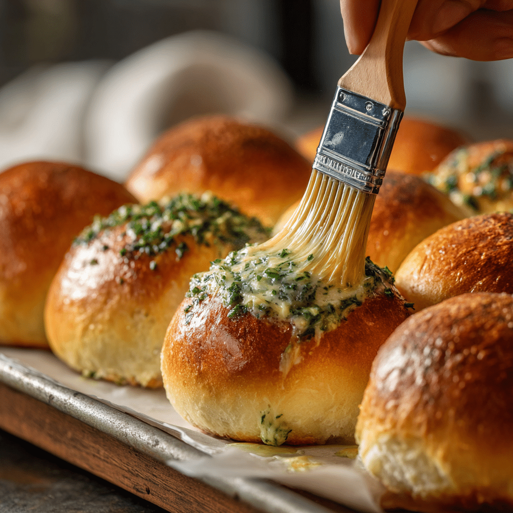 baker brushing melted garlic herb butter over freshly baked bread rolls