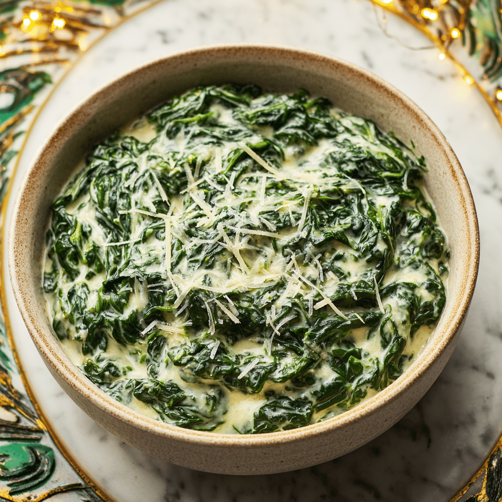 Creamed spinach with parmesan and garlic served in a white bowl