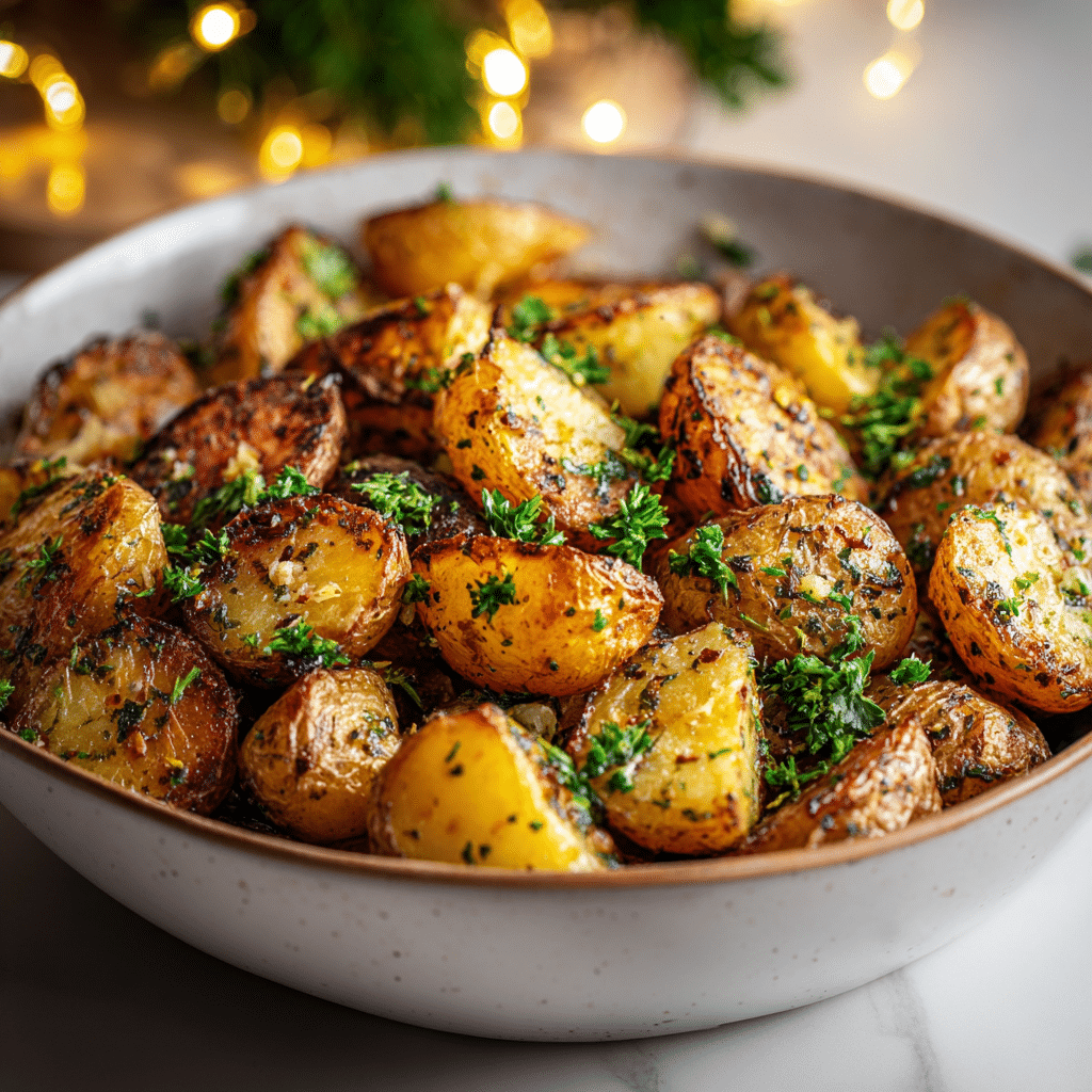 Crispy garlic roast potatoes with parsley served on a baking tray.