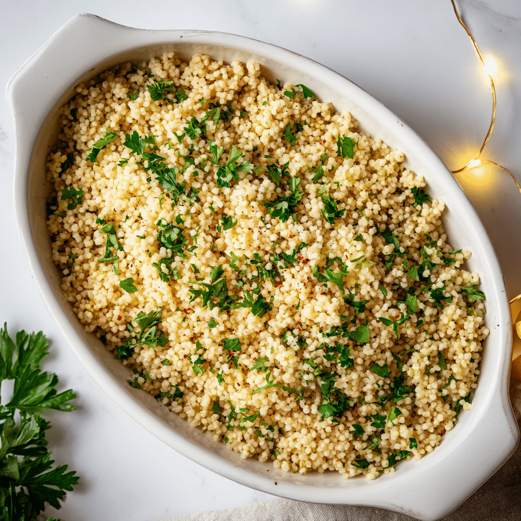Fluffy herbed couscous with parsley and lemon zest in a bowl
