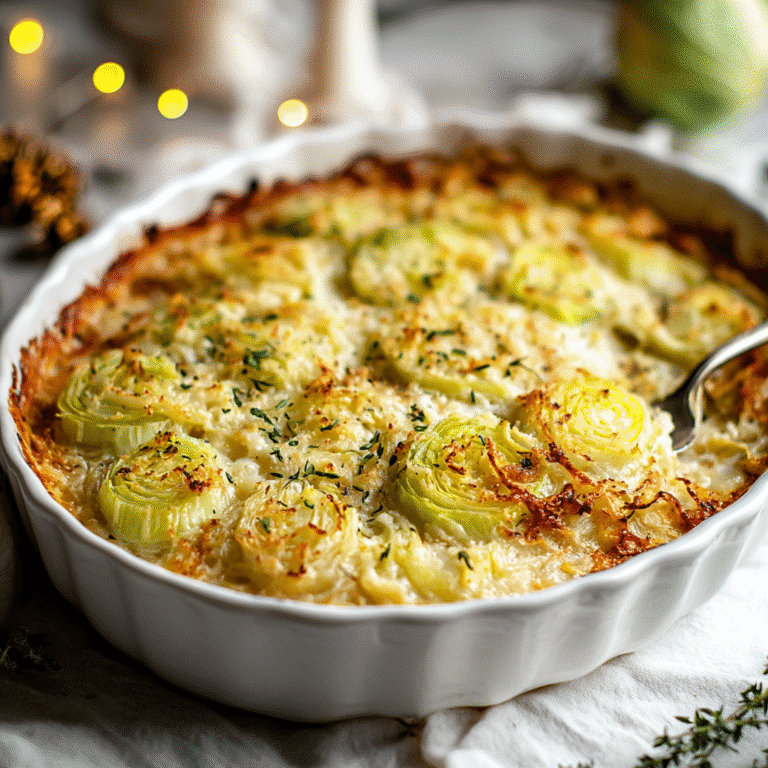 Baked leek gratin with golden brown cheesy crust