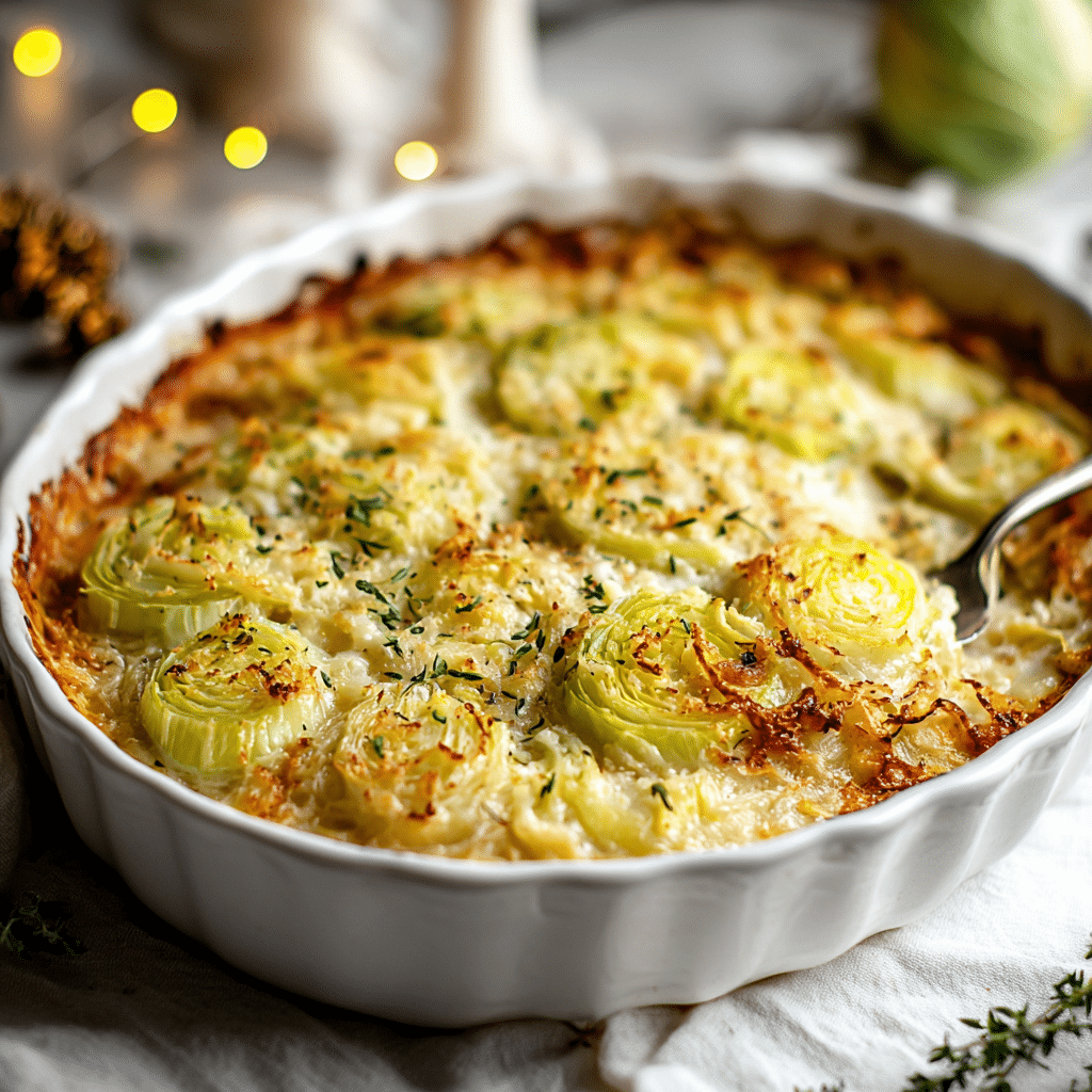 Baked leek gratin with golden brown cheesy crust