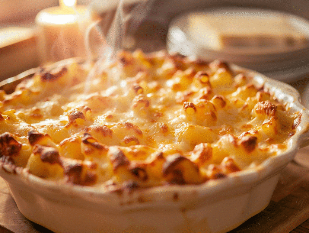 Golden baked mac and cheese with crispy breadcrumb topping