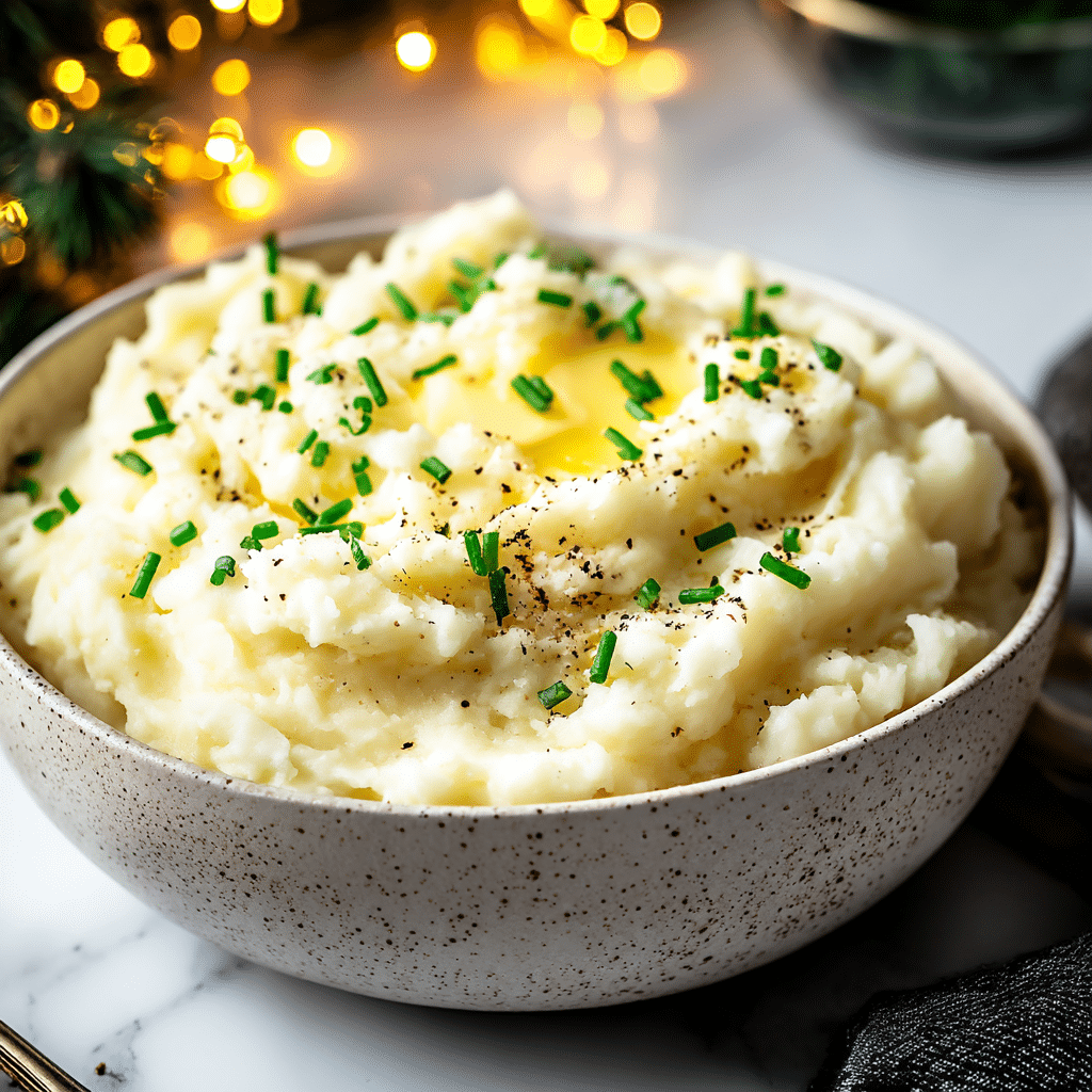 Smooth and buttery mashed potatoes topped with fresh chives
