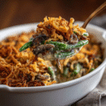 Creamy mushroom green bean casserole with crispy onion topping
