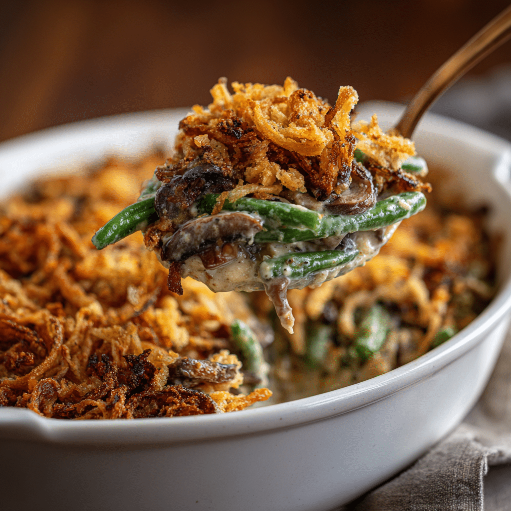 Creamy mushroom green bean casserole with crispy onion topping