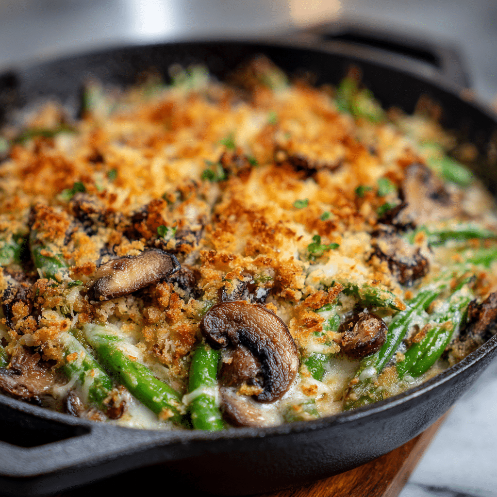 Golden baked mushroom green bean casserole