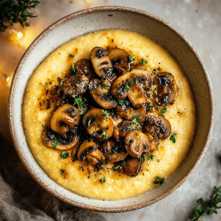 Creamy polenta topped with sautéed mushrooms and parmesan