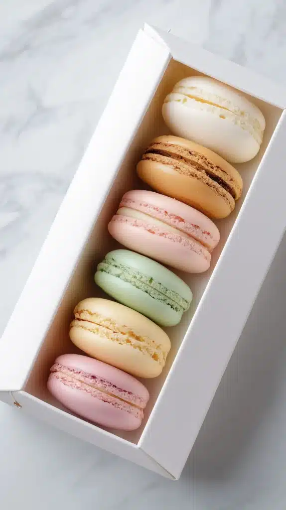 Aesthetic French macarons in various colors displayed elegantly on a cake stand.