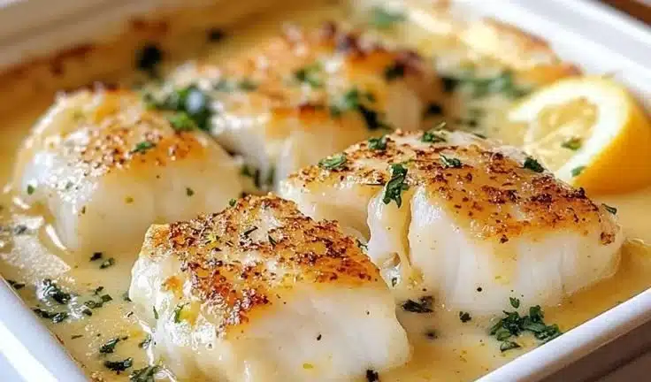 Baked Cod in Coconut Lemon Cream Sauce served on a plate with fresh herbs