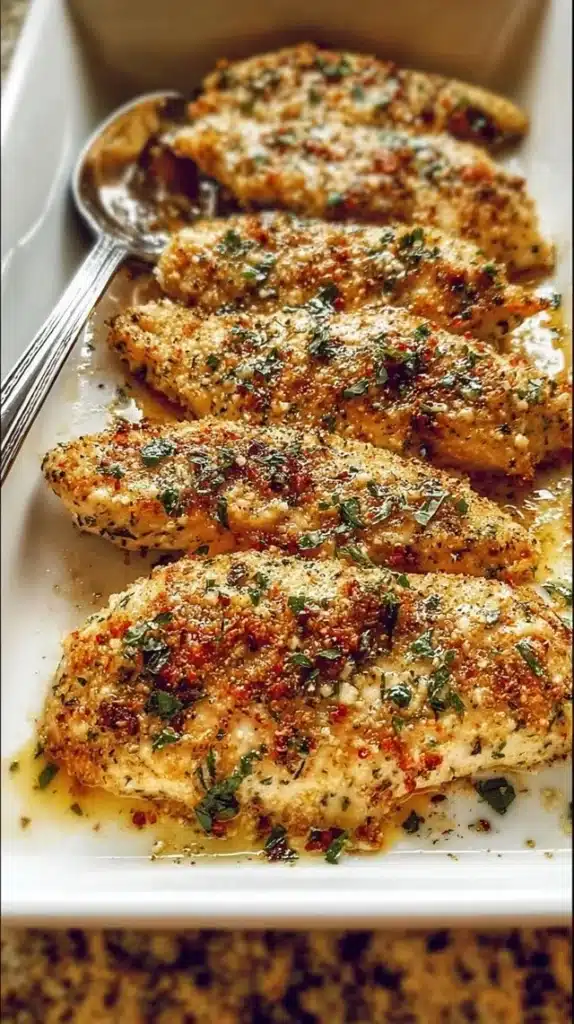 Baked Garlic Parmesan Chicken garnished with herbs on a white plate
