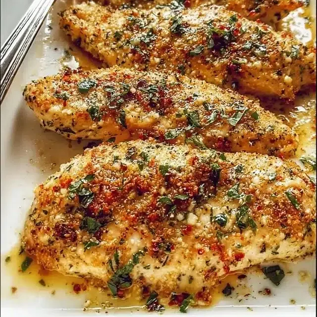 Baked Garlic Parmesan Chicken garnished with herbs on a white plate