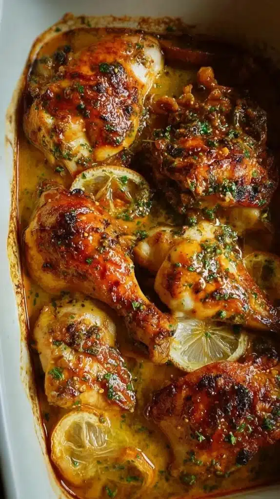 Baked Lemon Butter Chicken garnished with fresh herbs on a plate
