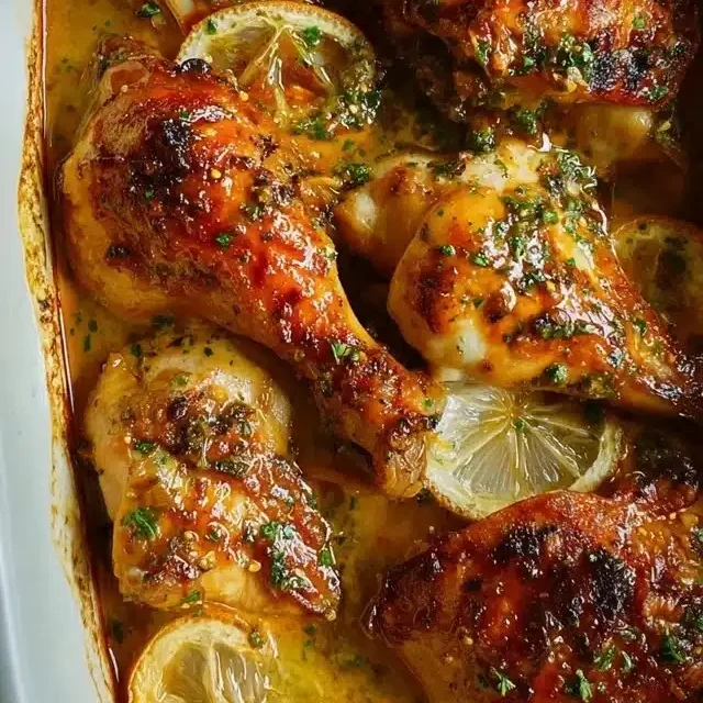 Home 4 Baked Lemon Butter Chicken garnished with fresh herbs on a plate