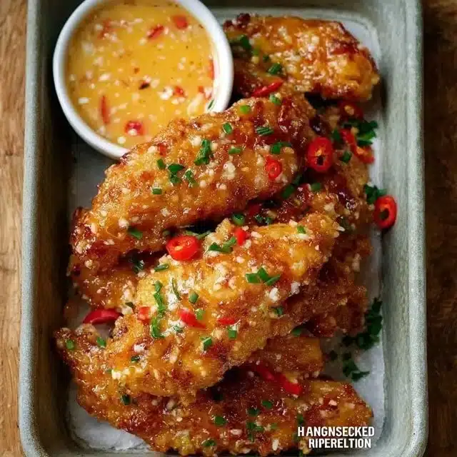 Home 1 Delicious Bang Bang Chicken served with creamy sauce and garnished with herbs