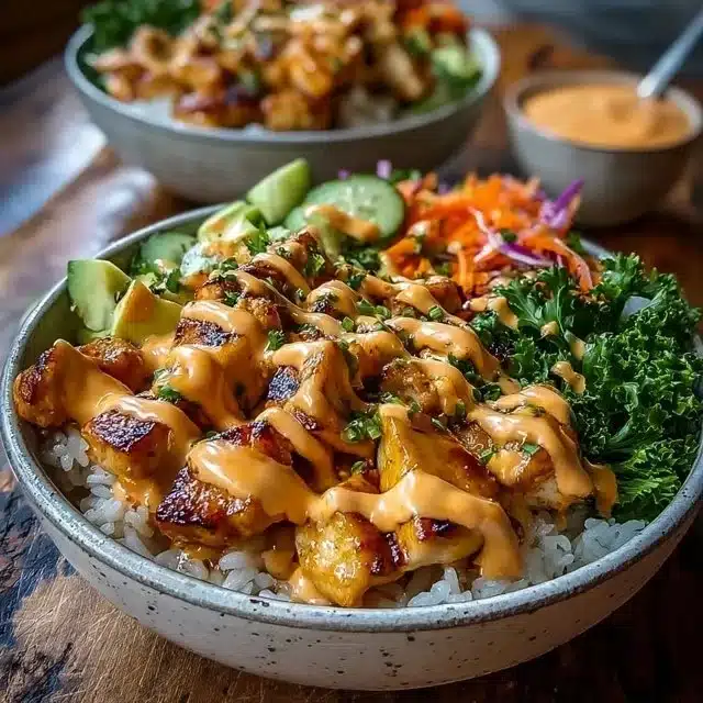 Home 7 Delicious Bang Bang Chicken Bowl with vibrant vegetables and spicy sauce