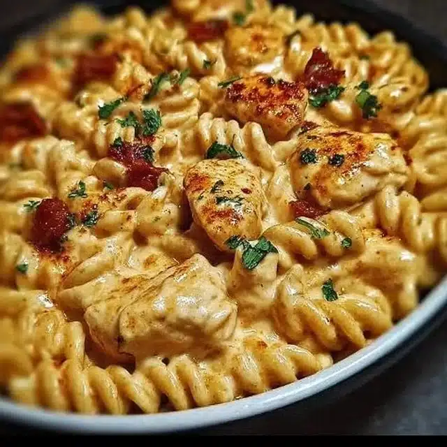 Cajun cream cheese chicken pasta bake topped with herbs in a white dish.