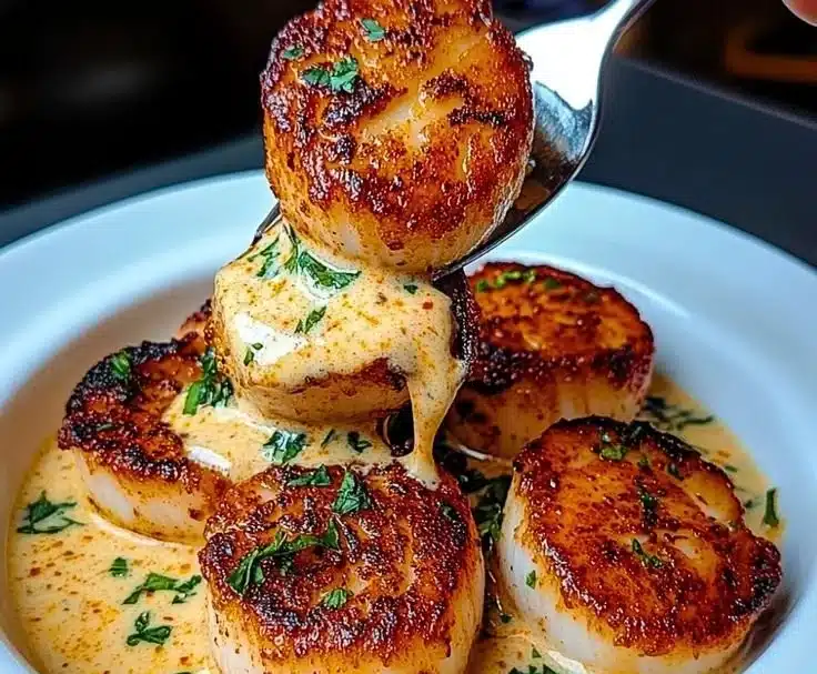 Home 3 Delicious Cajun Cream Scallops served with creamy sauce and spices