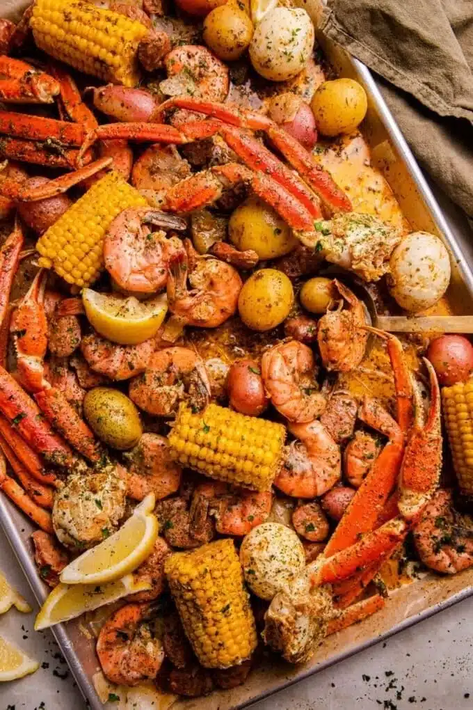 Cajun seafood boil with garlic butter sauce served in a large pot