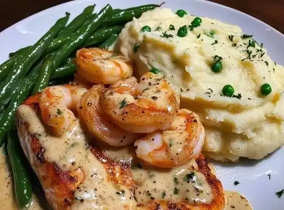 Cajun shrimp dish served with salmon on a vibrant plate