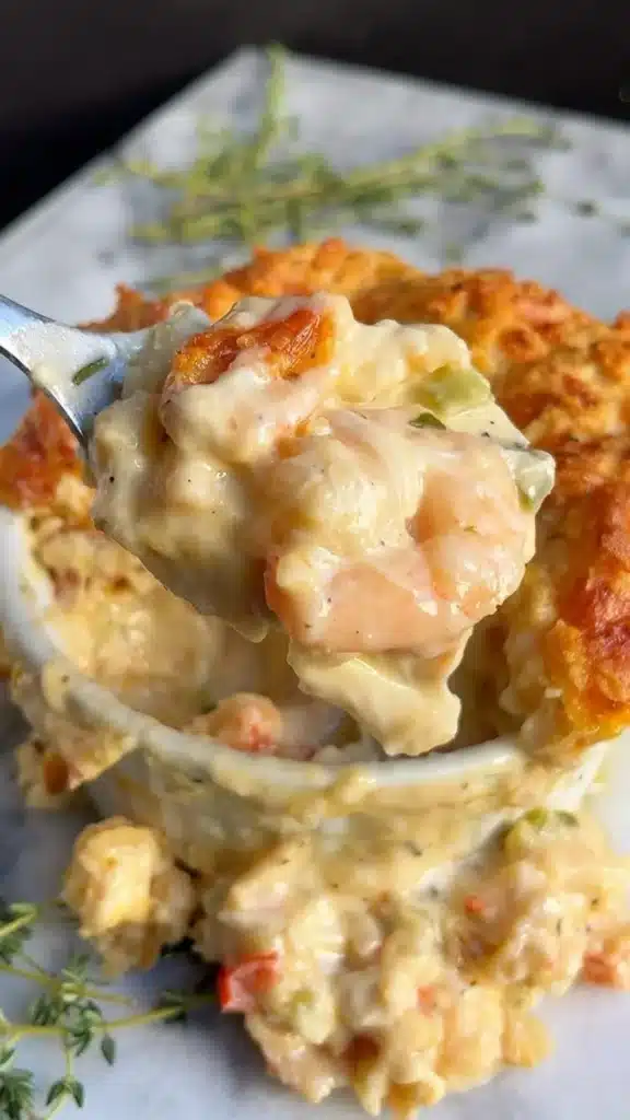 Cheddar Bay Biscuit Seafood Pot Pie served in a bowl with garnishes.