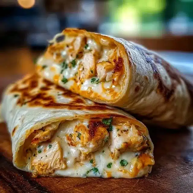 Cheesy chicken garlic wraps served on a plate with fresh ingredients
