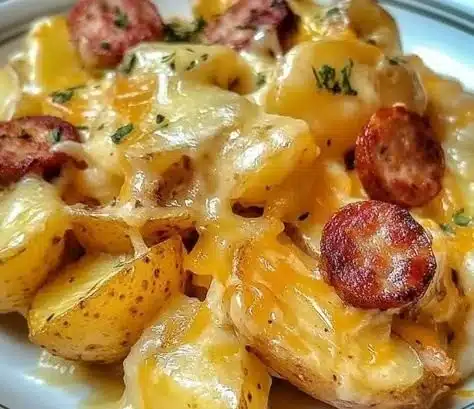 Cheesy Ranch Potatoes with Smoked Sausage in a casserole dish