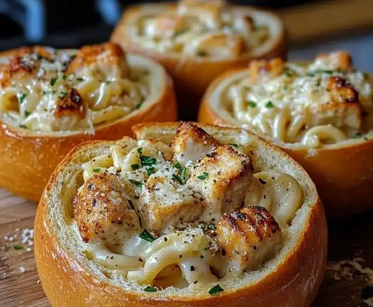 Chicken Alfredo served in garlic bread bowls for a delicious dinner.