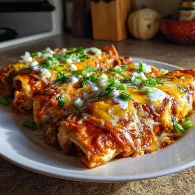 Delicious homemade Chicken Enchiladas topped with cheese and fresh salsa