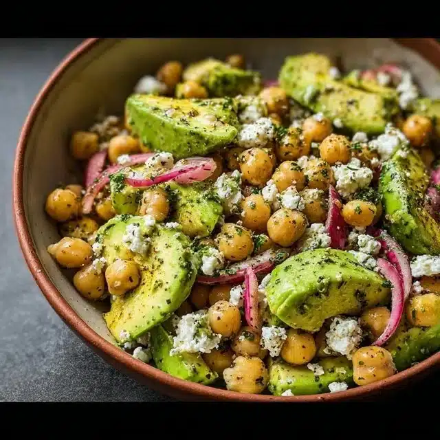 Home 5 Chickpea Feta Avocado Salad with fresh ingredients in a bowl