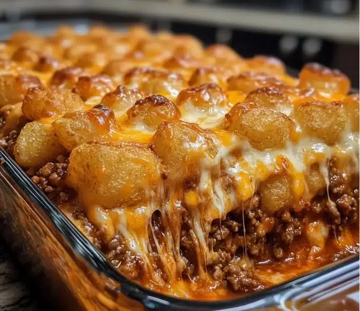 Chili Cheese Tater Tot Casserole topped with melted cheese and chili