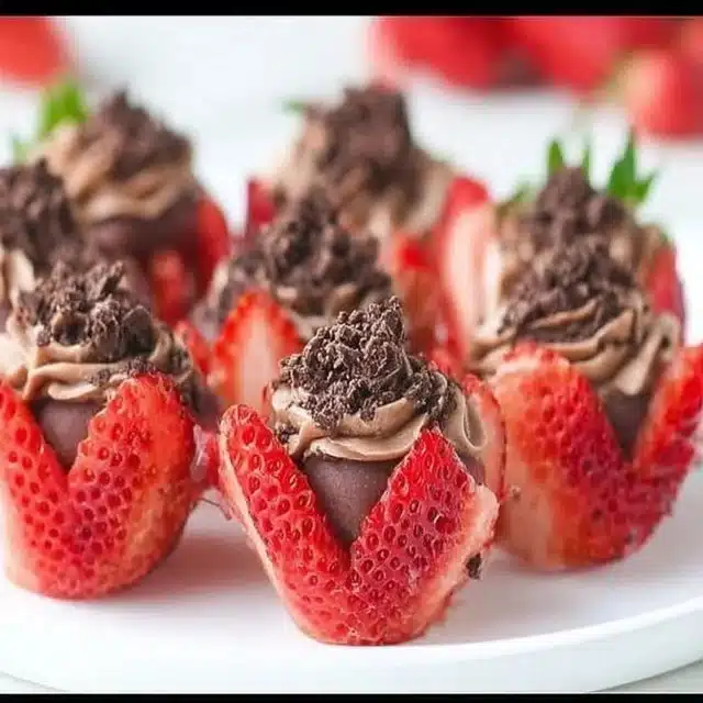 Chocolate cheesecake stuffed strawberries on a white plate