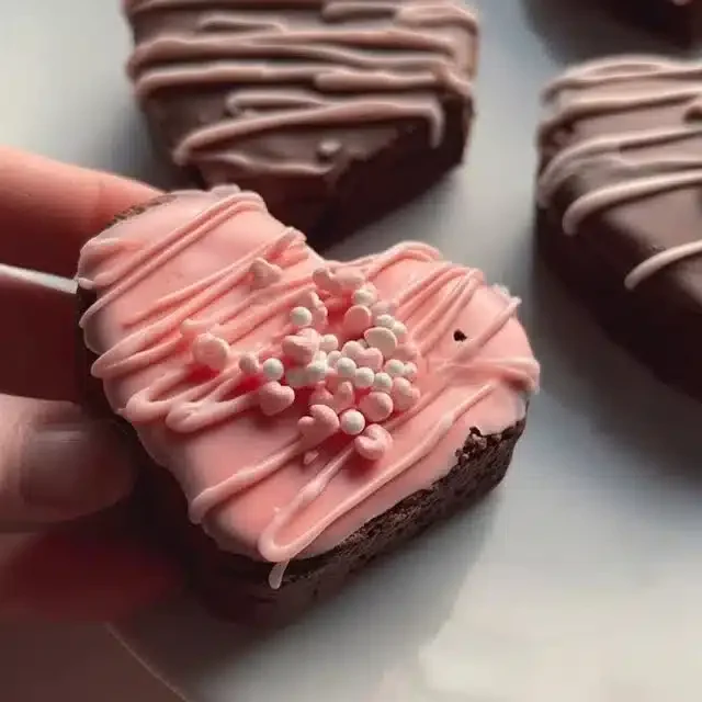 Home 4 Delicious chocolate dipped heart brownies on a white plate