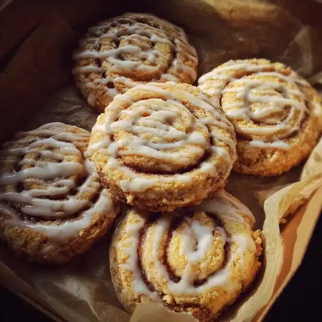 Freshly baked Cinnamon Roll Cookies topped with icing
