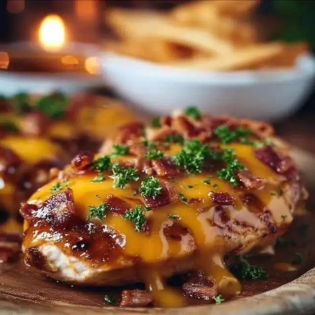 Delicious Cowboy BBQ Bacon Cheddar Chicken topped with cheese and bacon