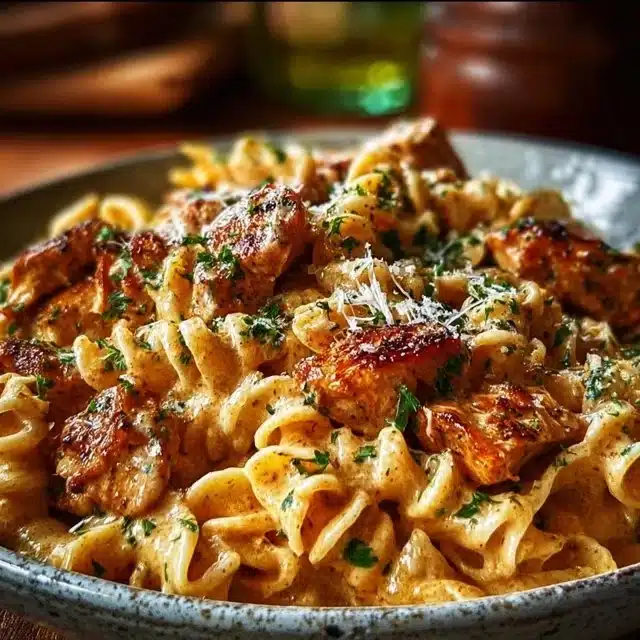 Delicious Cowboy Butter Chicken Pasta served with fresh herbs and spices.