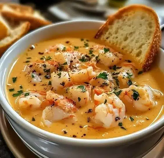 Delicious crab and shrimp seafood bisque served in a bowl with fresh herbs