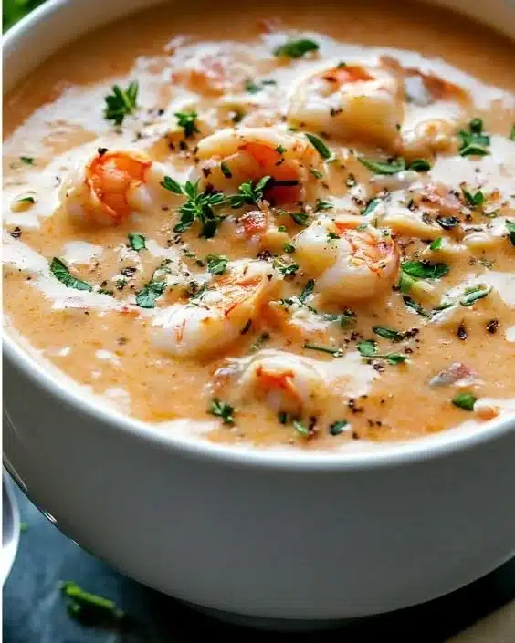 Delicious crab and shrimp seafood bisque in a creamy bowl