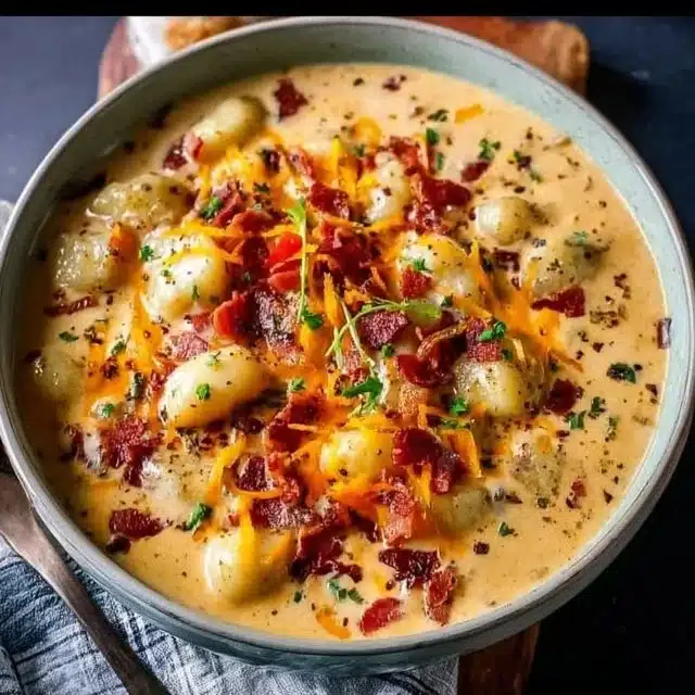 Creamy Bacon and Cheddar Gnocchi topped with crispy bacon and cheese