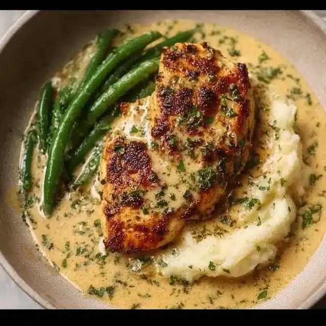 Delicious Creamy Garlic Parmesan Chicken Breast garnished with herbs