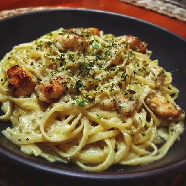 Creamy garlic parmesan chicken pasta dish garnished with herbs