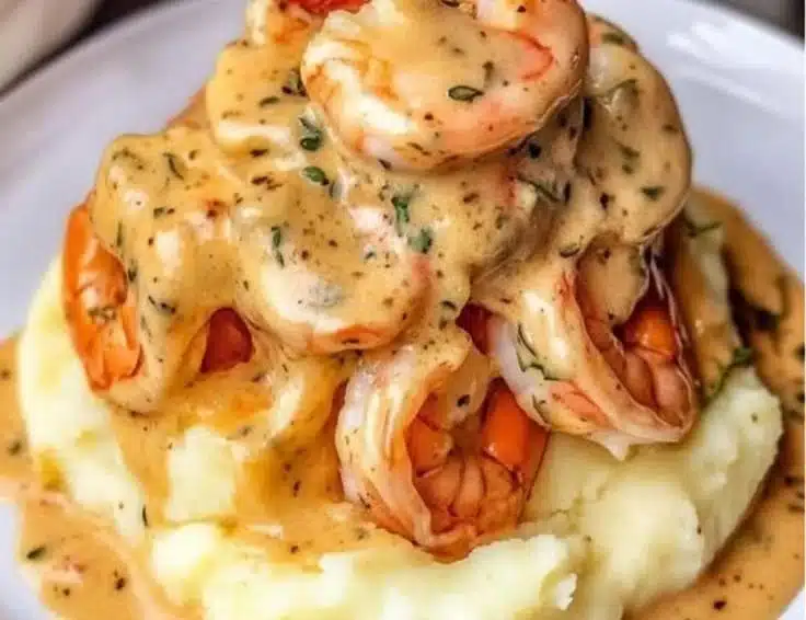 Creamy garlic shrimp served on mashed potatoes, a delicious seafood dish.