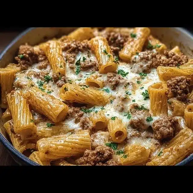 Creamy Parmesan beef rigatoni served in a bowl, garnished with parsley.