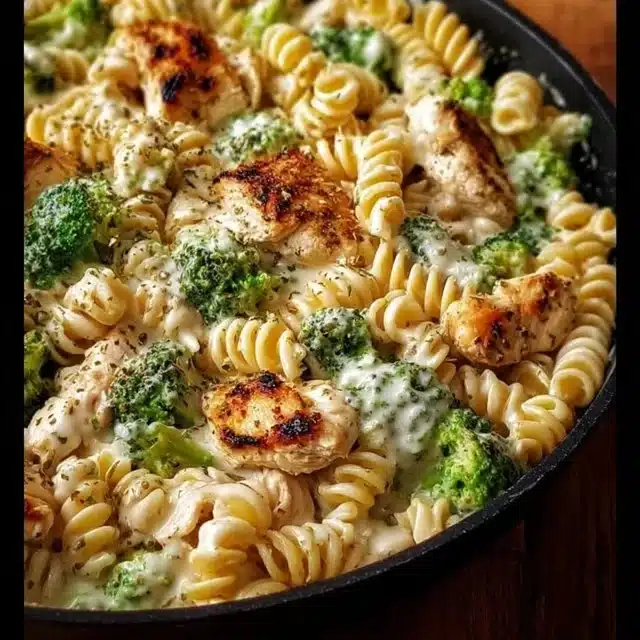 Creamy rotisserie chicken broccoli pasta dish served in a bowl