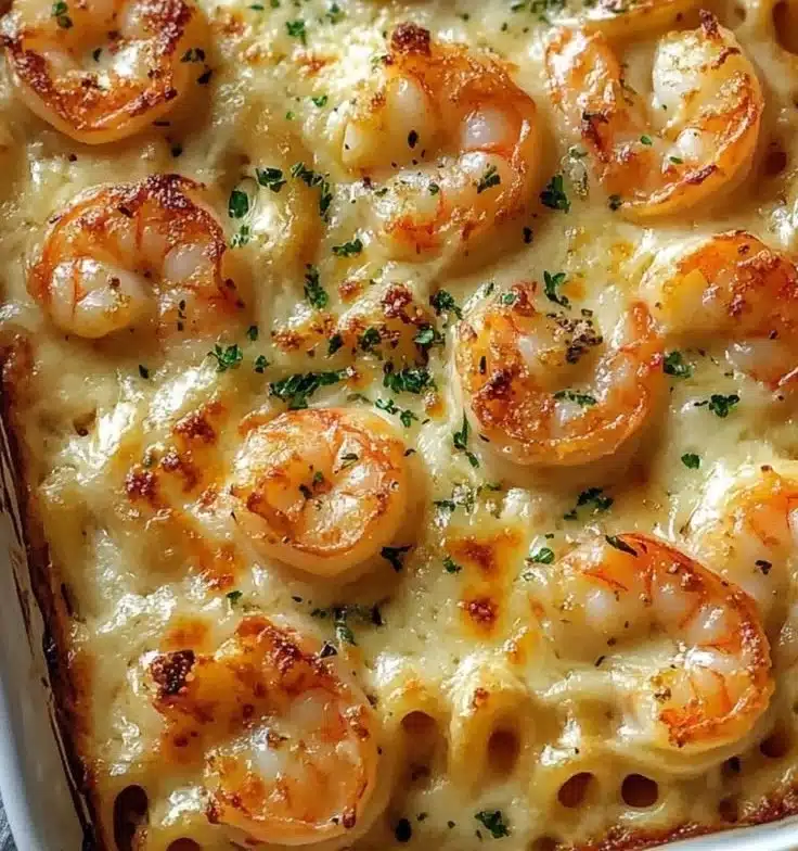 Home 8 Creamy Shrimp Scampi Pasta Bake dish with shrimp and creamy sauce